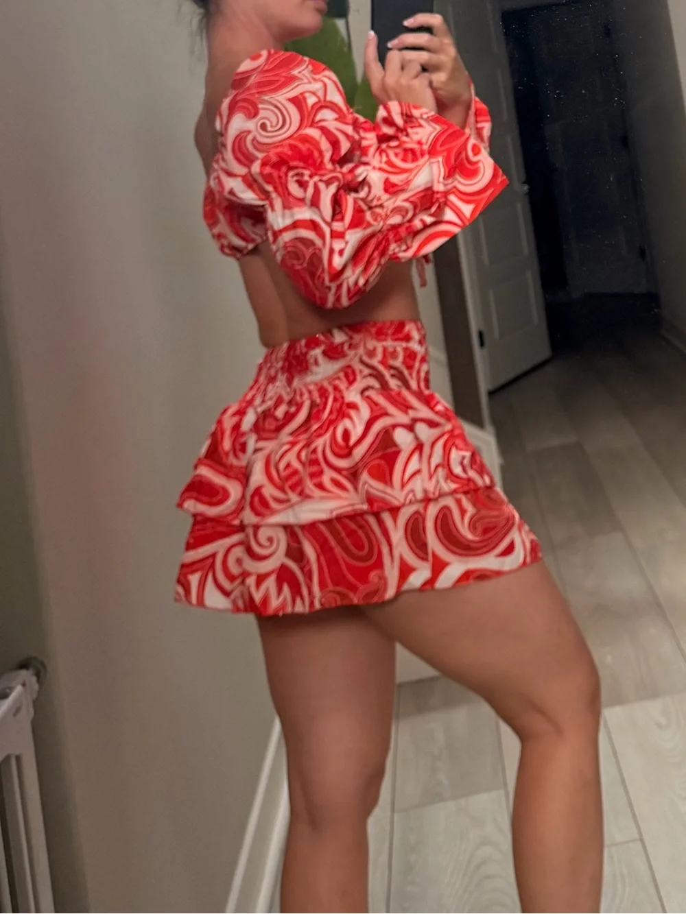Red Swirl Two-Piece Crop Top & Skirt Set